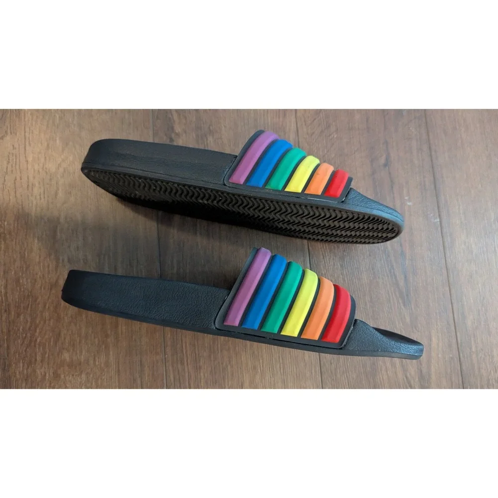Rainbow Striped Black Slide Sandals Mens 7/8 Womens 9/10 Pride Summer Beach Shoe